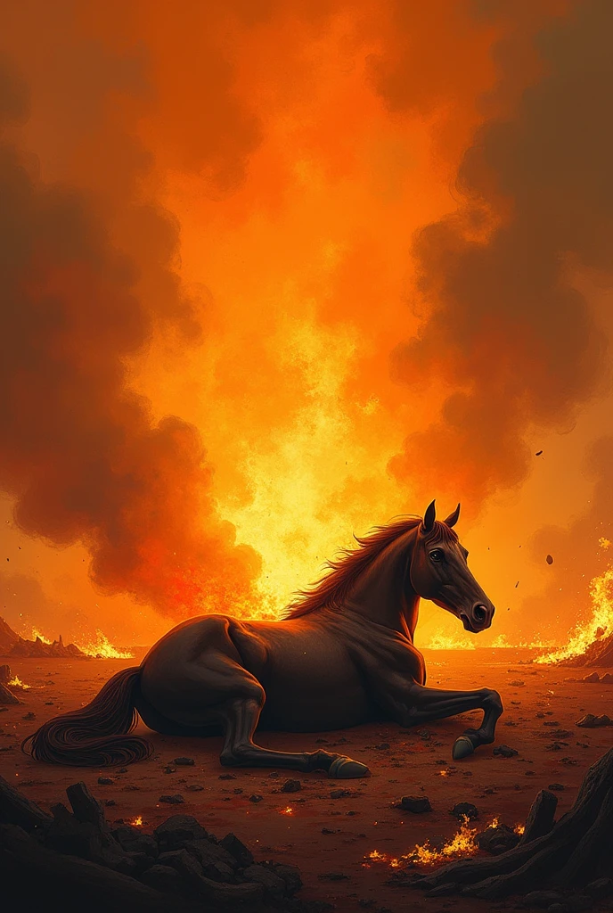 Horse is dead in fire explosion area. Warm color tone design