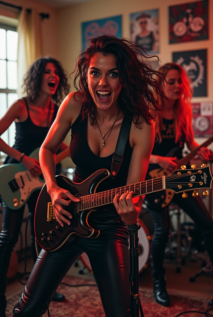 Punk rock band of women standing with microphones singing in bedroom Punk rock band of women standing with electric guitars in bedroom Punk rock band of women playing drums in bedroom Punk rock band of women standing with bass guitars in bedroom