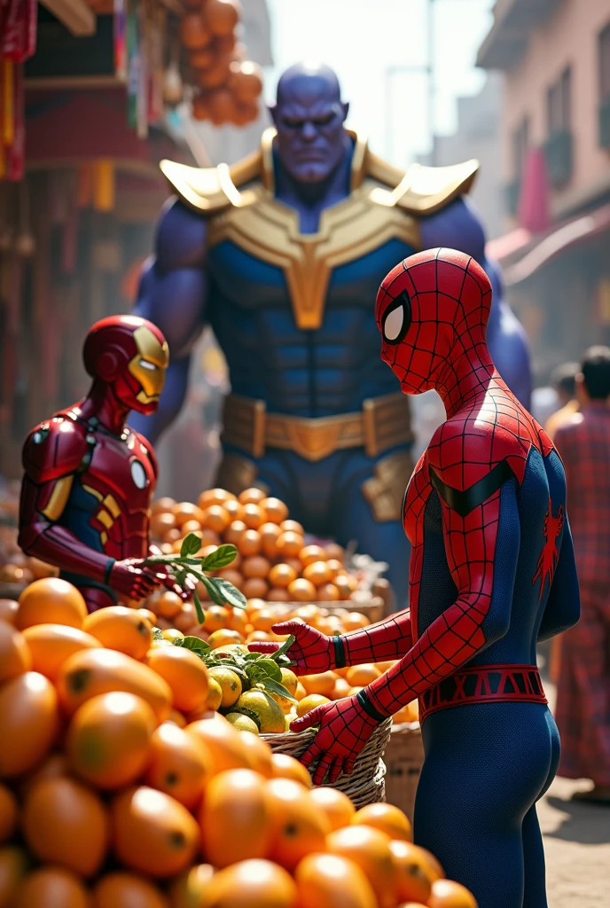 Spider man selling mangoes in india iron man buying mangoes and Thanos came to fight with iron man Thanos and iron man fighting in market