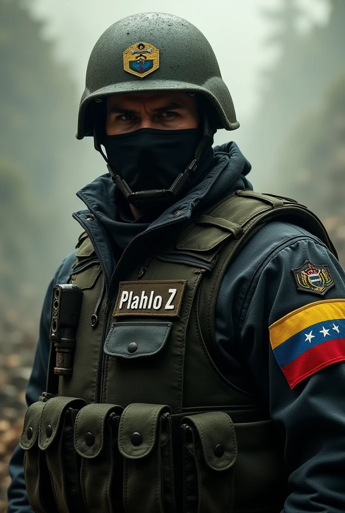 Believe me, a commando-type commander with his face covered, Venezuelan and with the phrase Plan Z, improve it by placing the name Commander Pablo on the side of the uniform on the chest. Leave this image the same, just change the name on the chest to Pablo and add Venezuelan flags on the arms., But don&#39;t change the image, leave it the same, just improve it with the orders I gave you.