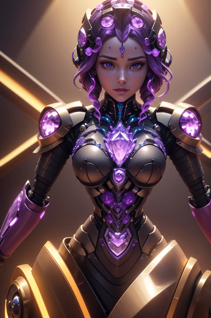 a highly detailed, hyper-realistic 3d render of a helpful AI assistant robot, specialized in gems and minerals, especially amethyst crystals, lifelike facial features, intricate mechanical details, glowing circuitry, warm studio lighting, seamless integration of organic and technological elements, rich jewel-toned colors, cinematic composition, award-winning digital art