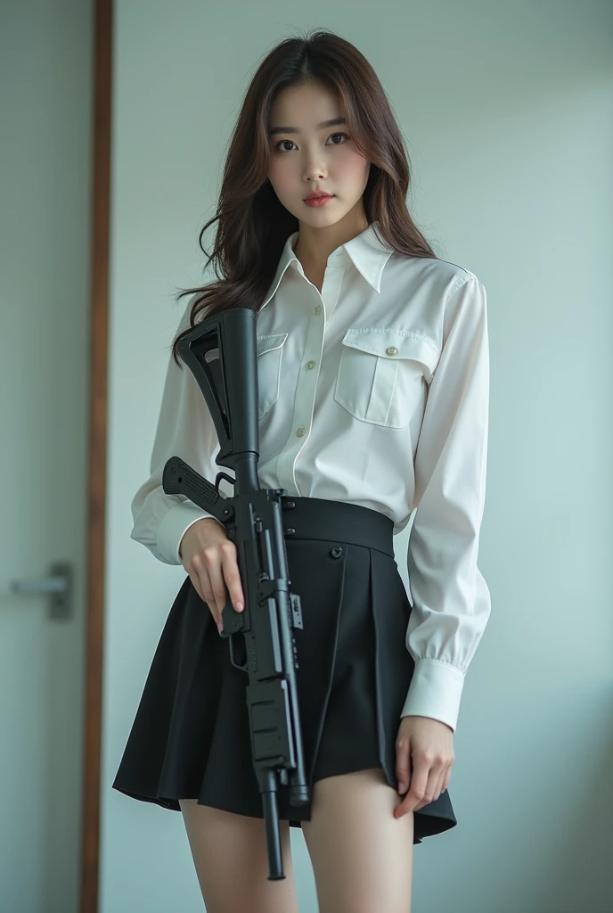 beautiful sweet big eyes office lady korean white shirt low mini skirt standing still straight legs open wide spreading full portrait holding rifle gun point at you front facing
