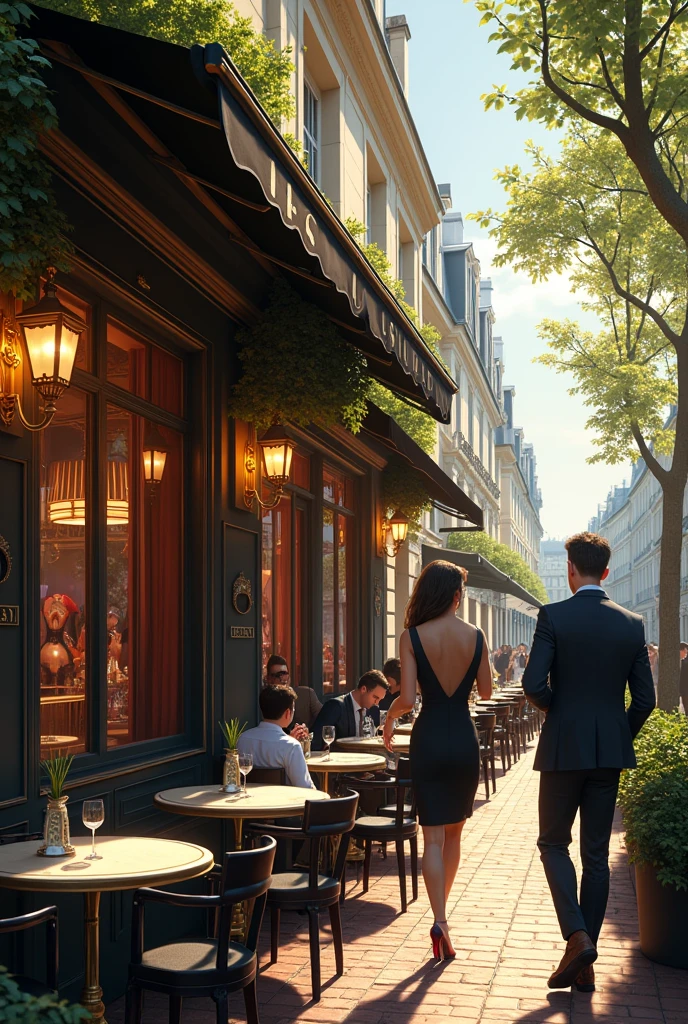 Dessin d’une terrasse de brasserie parisienne, s’appelant « Les Mouillasses à l’Ile de Raie ».
En terrasse des hommes installés en costume, et des femmes très sexy en tailleur.
On voit à l’intérieur des bar de pole dance, et des stipteaseuses.