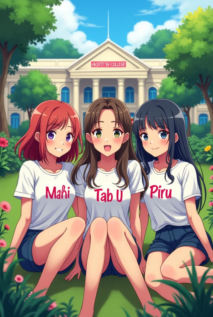 3 ladkiya jinme ek ki t shirt par mahi or ek ki t shirt par tab u or ek ki t shirt par piru likha hai, vo ek garden me bethi hui hai or pichhe ek college hai jis par aditya college ka banner lagahua hai aisi animetion me image banao