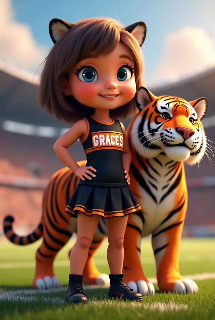 Bengals cheerleader Child named Grace with brown hair blue eyes on football field with tiger
Black & orange outfit with black shoes & no socks
