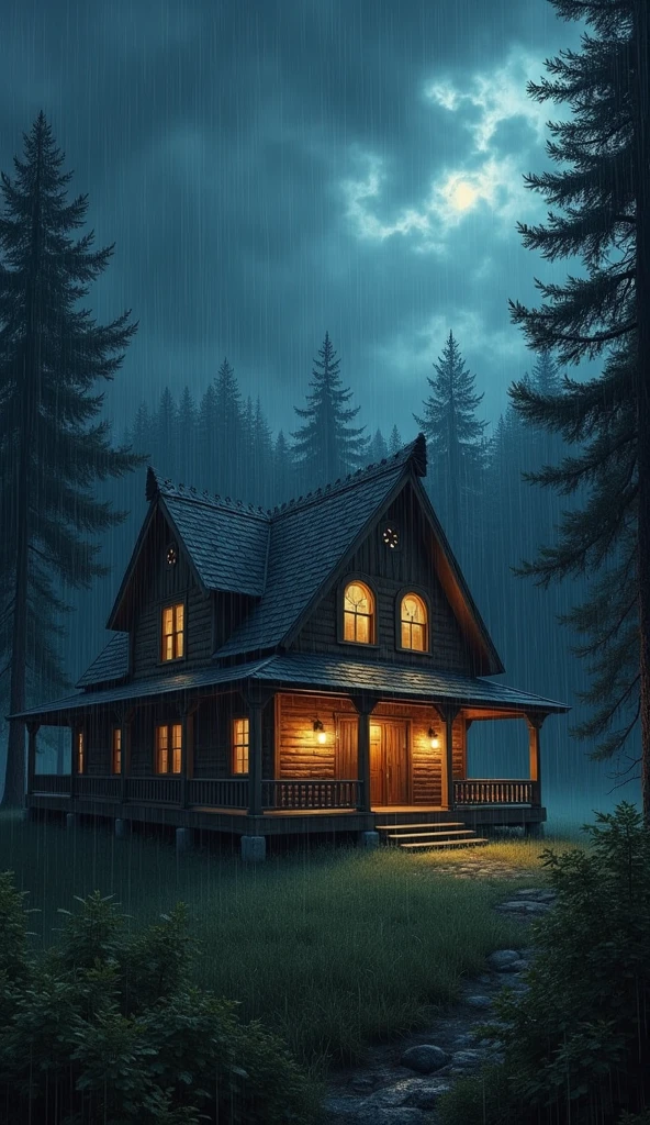 Big wooden house among the trees at midnight And the sky is raining heavily