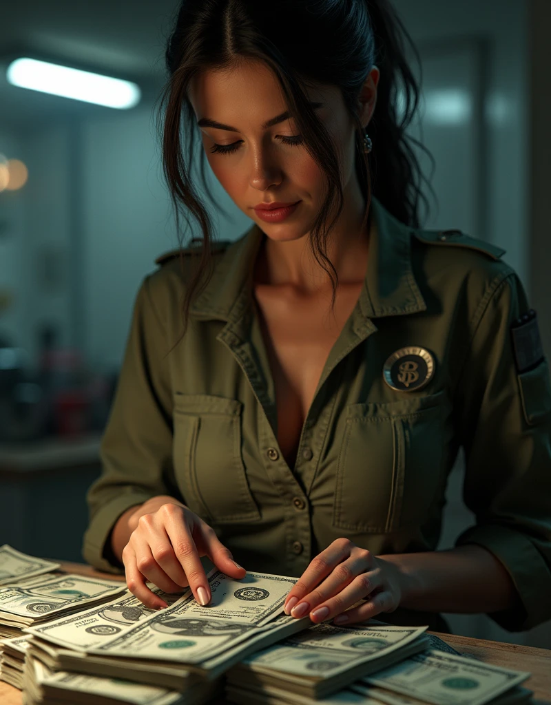 (Photorealism:1.2), sexy woman soldier, She is counting a lot of money..