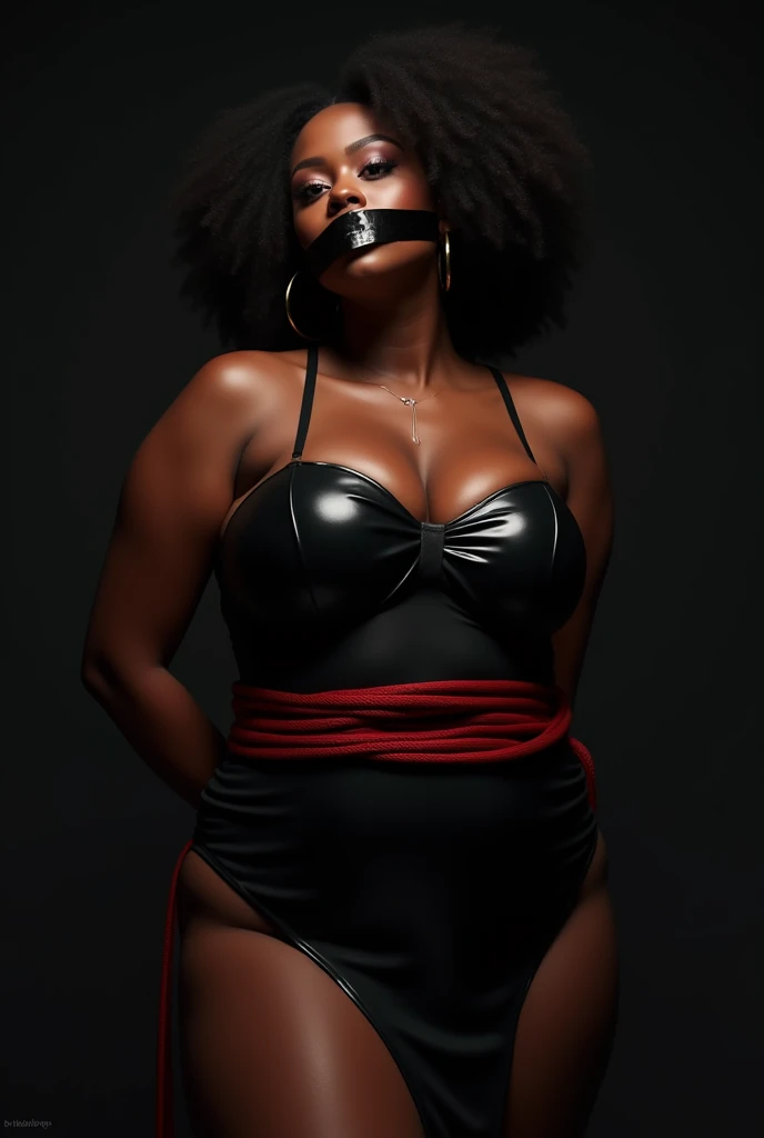 A sexy  black women with a big boobs which warring a black latex dress and her body tied up by a red bend included her hand behind her back  and her mouth cover by a black tape 

