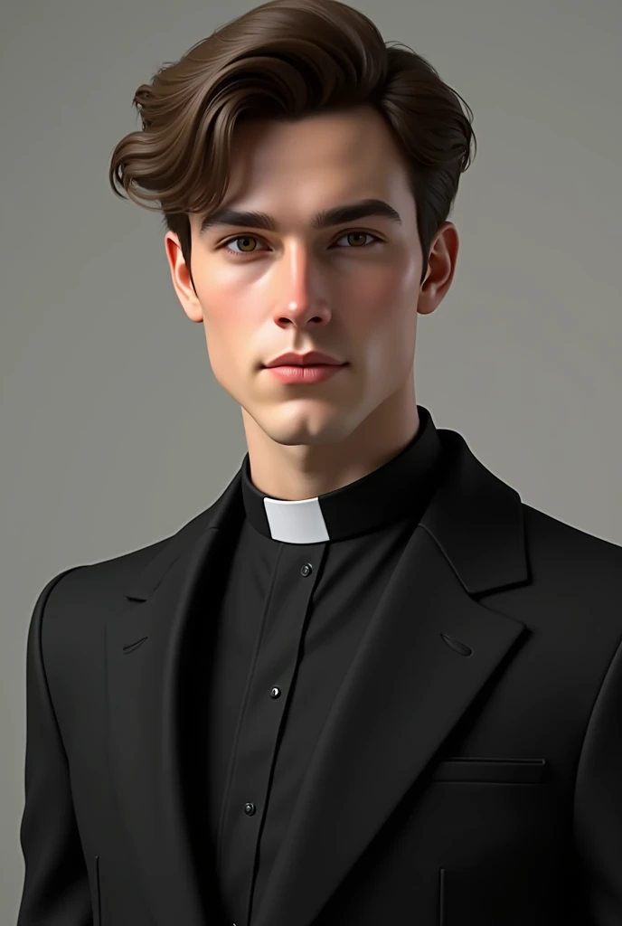 a young man of about twenty-five years old, Brown hair, Brown eyes, Tez blanca, with a black suit and a realistic priest&#39;s collar
