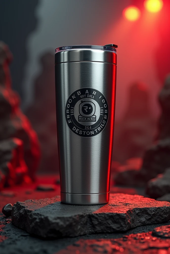 Create a thermal cup with the sponsorship of Rock in Rio, in the background with a rock theme