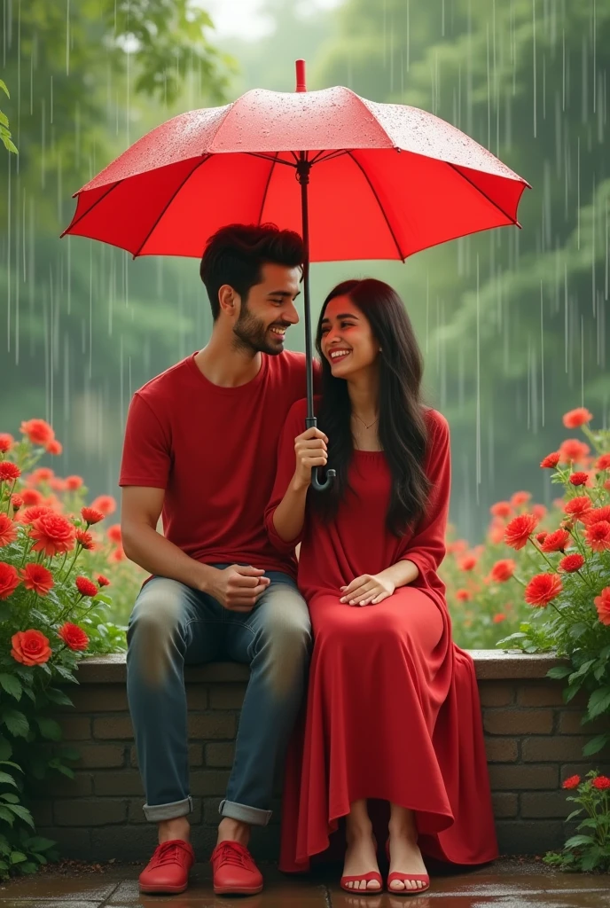 Slowly slowly rain with Ali and waniya with red flowers garden boy and girl sitdown in a cycle Ali plug in a umbrella and Ali t shirt is a red and waniya dress in a red frock and couple smiling faces and boy clean shave couple shoes color is red and umbrella color is red in prompts