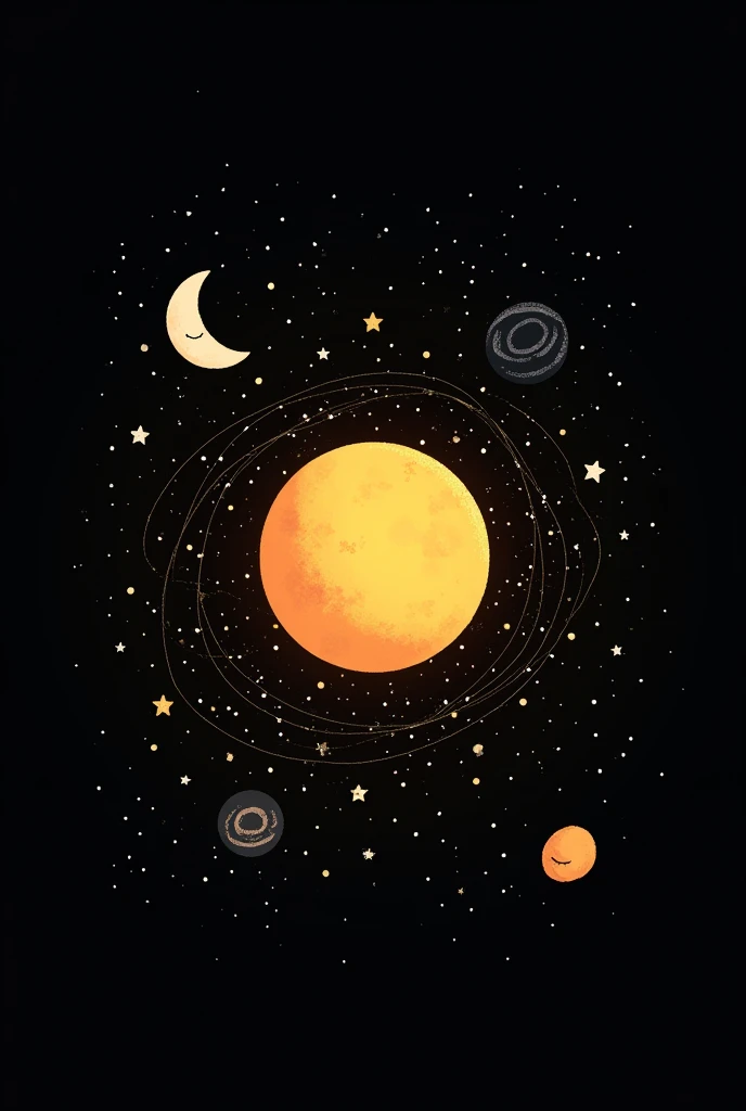 easy drawing about solar system, includes the sun, the moon, the milky way and the other galaxies