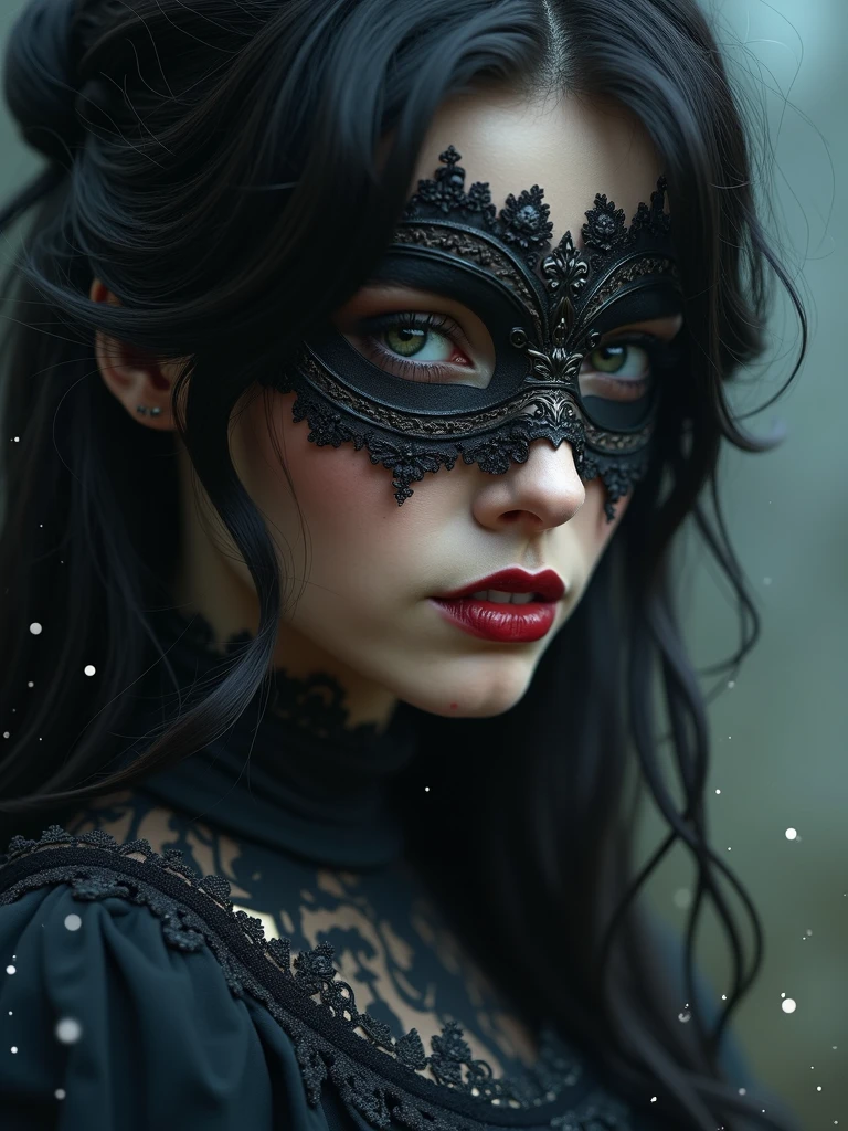 a close up of a woman wearing a mask, dreamy gothic girl, vampire, elegant render, half body photo, mistress, photoshop render, ebony rococo, elegant girl, female spy, haunting beautiful young woman, detailed face, extravagant dress, beauty girl, very femenine, dark haze atmoosphere, ambient dust