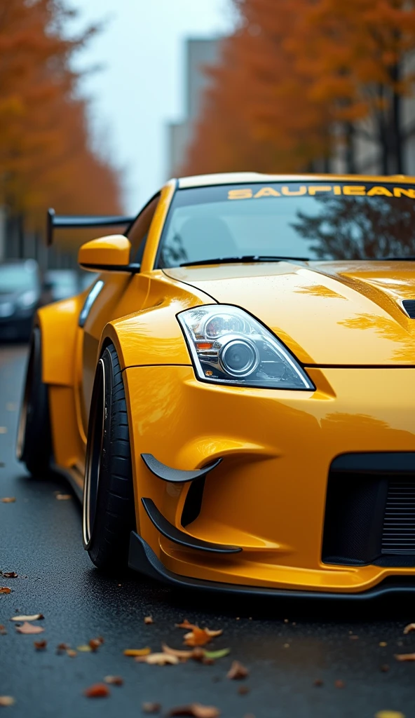 Nissan 350z Glossy Yellow, with extreme widebody kit, LED lights under the car, close-up photo shot, hyper-realistic, focus on car, autumn road, lo-fi vibes, professional photo-shot ,japan Autumn vibes,, hyper-realistic details, realism, detailed reflections, urban scenery, professional photo quality, realistic artwork, moody lighting, anime scene, chilling vibes 