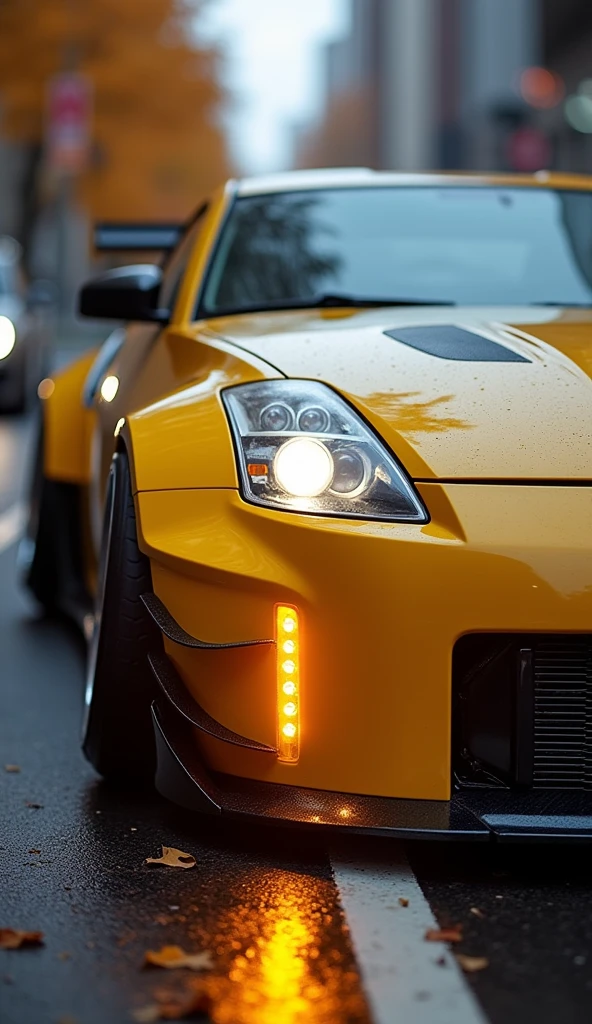 Nissan 350z Glossy Yellow, with extreme widebody kit, LED lights under the car, close-up photo shot, hyper-realistic, focus on car, autumn road, lo-fi vibes, professional photo-shot ,japan Autumn vibes,, hyper-realistic details, realism, detailed reflections, urban scenery, professional photo quality, realistic artwork, moody lighting, anime scene, chilling vibes 