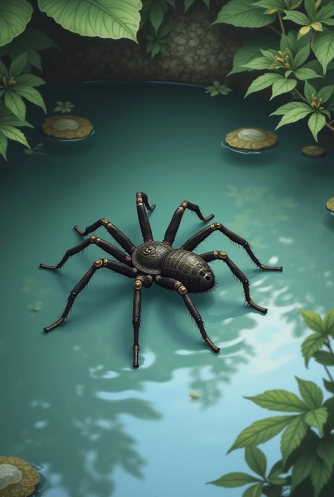 A spider floating in a pond dead drawing