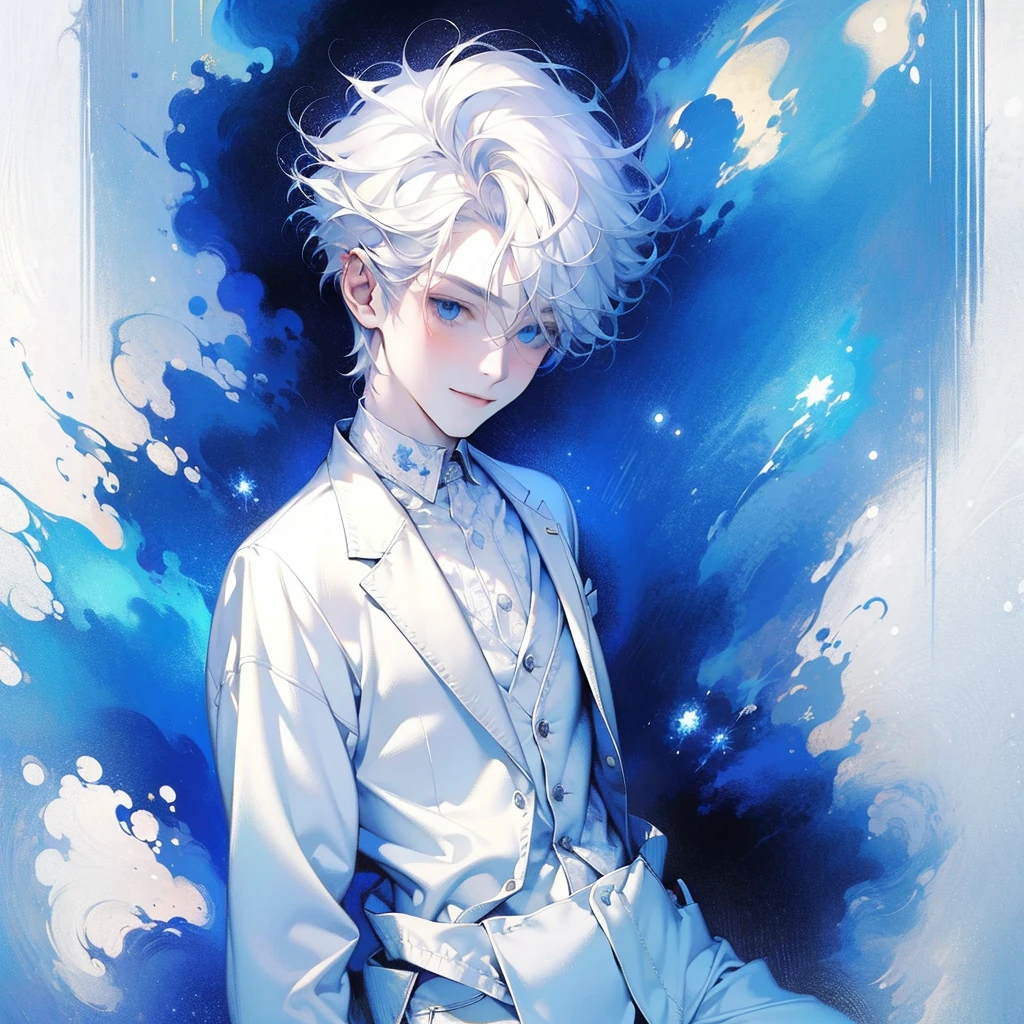 ((Masterpiece)), Best Quality, Ultra Detailed, Floating, High Resolution, (1 boy), short hair, white hair, blue eyes, smile facial, white shirt, white blazer,1 male