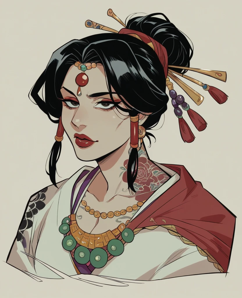 1girl, sexy, Japanese style hair tie, black hair, Gypsy, red and white kimono, Chễ vai, băng quấn ngực, Most of the shoulder tattooed in red, red lips