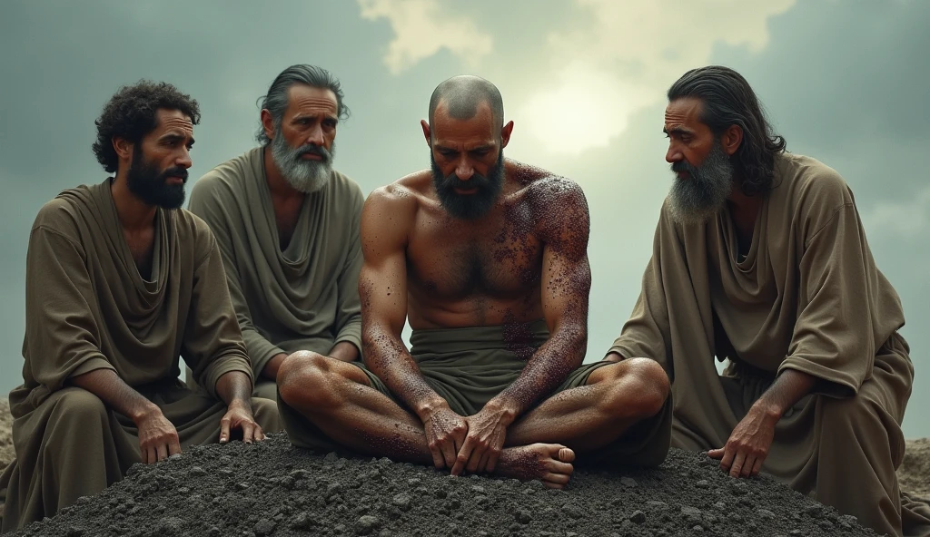 Create a realistic Job scene, as described in the Bible, sitting on a pile of ashes. He has a shaved head and his body is covered in ulcers and sores that extend from his feet to his head.. The environment is desolate, reflecting the distress and suffering he faces. Around her, three friends of similar ages to Job approach, expressing concern and compassion. Each friend should have a unique expression that conveys empathy and pain for Job's suffering.. The light should be soft, creating a contrast between the sadness of the scene and the hope of human support. the sky must be cloudy, symbolizing the tribulation, but with a glimmer of light that represents the possibility of redemption.
