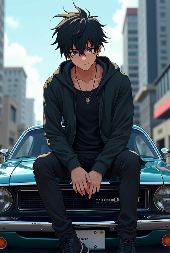 Anime boy black hair   sitting on car in a cool way and  car from fast and furious 1 dodge challenger potrait pic