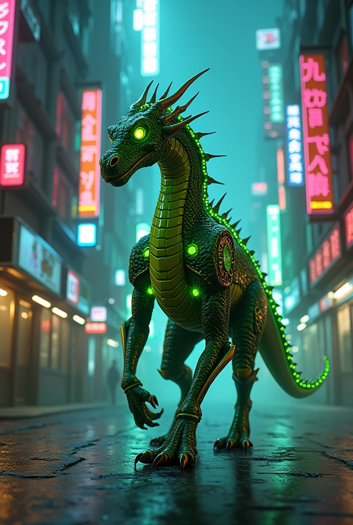 Dragon in green cyborg custome walking in neon street alley