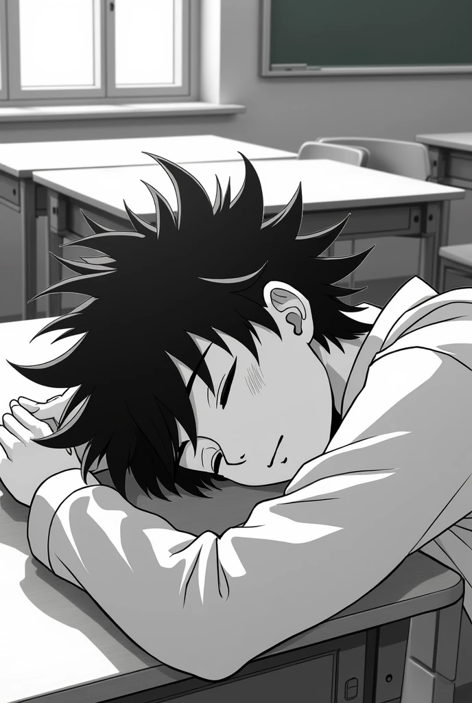 Black and white 2d anime teenager sleeping in classroom with hair sticking up