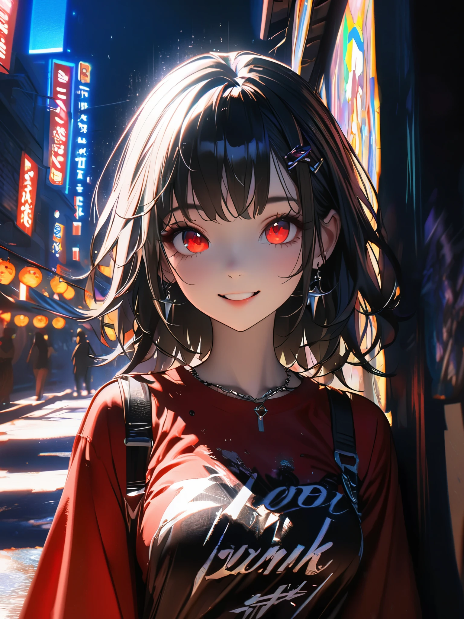 1 girl, chromatic aberration, Written boundary depth, Soft Light, masterpiece, Highest quality, complicated, Tone Mapping, A place where fireworks are set off at festivals. Concept Art, Smooth, Clear focus, Dramatic lighting, Very cinematic, super practical painting, アートステーション's trending, 8k, Incredible Shadows, practical, whole body, View, Viewers, Portrait of a Girl 1, standing on street corner, Heavy rain and lightning、Dark Sky, neon and cyber punk background, she is dressed in punk clothing with silver chains and silver spikes, Her hair was dyed a bright black color..........Ominous aura of light, smile, punk, ciber punk, Backlight.Fashionable clothes、Friendly dress code:Wearing a cute red dress.My breasts are a little big.Beautiful red eyes