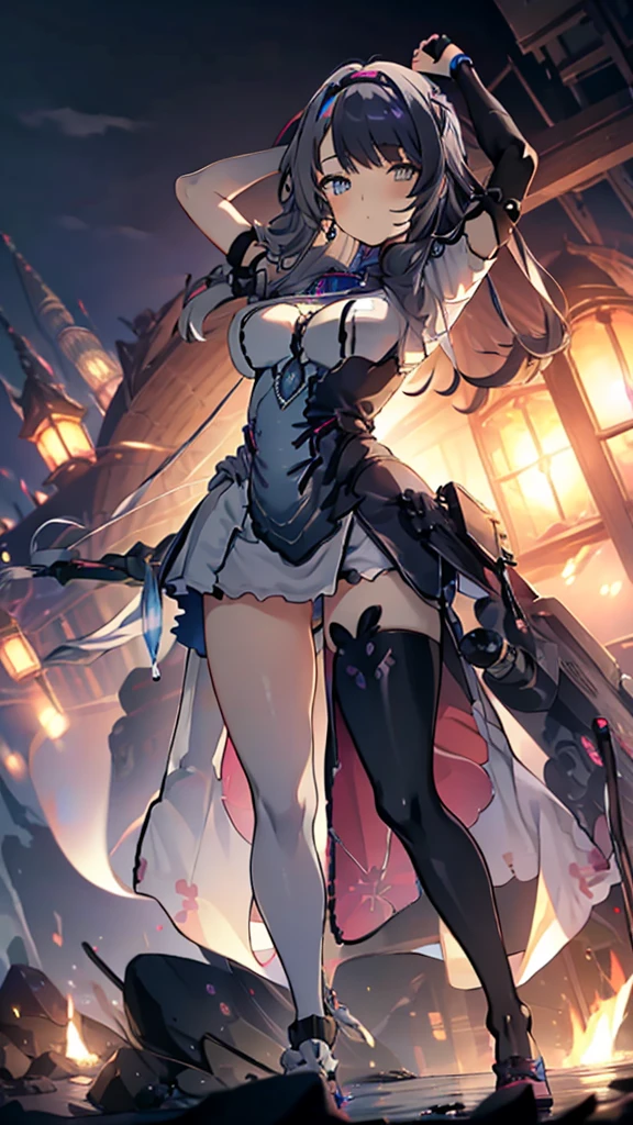 ((full body)),Teenage Girls in Anime, Blue and grey metal armor, Blue hand and thigh accessories, Short dark blue-gray hair, hair accessory, Grey Eyes, Silver earrings, nose, Curious, Healthy Skin, Very dirty, head, shoulder, Small box, arms, Have a map, Narrow waist, feet, Medium thighs, Has black robotic legs, cute, Bright colors on the shirt, Futuristic marble white palace, Shining light in the sky, Stand next to a wall, Cinematic Light, High resolution, Highest quality, Super detailed, Detailed face, (Detailed eyes), Highest quality, Super detailed, masterpiece, (Detailed face), Beautiful face, feetを見せて, short hair