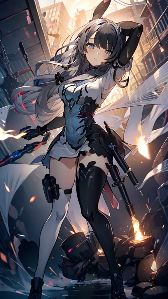 ((full body)), Girls in Anime, Blue and grey metal armor, Blue hand and thigh accessories, Short dark blue-gray hair, hair accessory, Grey Eyes, Silver earrings, nose, Curious, Healthy Skin, Very dirty, head, shoulder, Small box, arms, Have a map, Narrow waist, feet, Medium thighs, Has black robotic legs, cute, Bright colors on the shirt, Futuristic marble white palace, Shining light in the sky, Stand next to a wall, Cinematic Light, High resolution, Highest quality, Super detailed, Detailed face, (Detailed eyes), Highest quality, Super detailed, masterpiece, (Detailed face), Beautiful face, feetを見せて, short hair