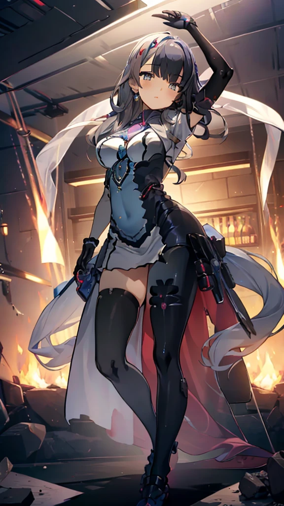 ((full body)),Teenage Girls in Anime, Blue and grey metal armor, Blue hand and thigh accessories, Short dark blue-gray hair, hair accessory, Grey Eyes, Silver earrings, nose, Curious, Healthy Skin, Very dirty, head, shoulder, Small box, arms, Have a map, Narrow waist, feet, Medium thighs, Has black robotic legs, cute, Bright colors on the shirt, Futuristic marble white palace, Shining light in the sky, Stand next to a wall, Cinematic Light, High resolution, Highest quality, Super detailed, Detailed face, (Detailed eyes), Highest quality, Super detailed, masterpiece, (Detailed face), Beautiful face, feetを見せて, short hair