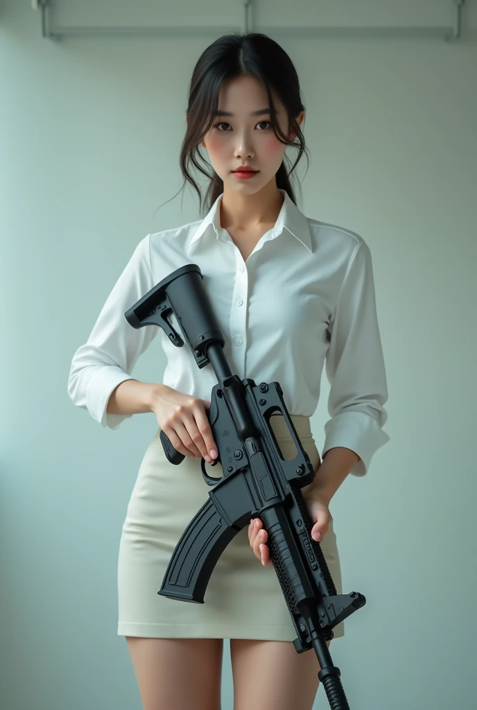 beautiful sweet big eyes office lady korean white shirt low mini skirt standing still straight legs open wide spreading full portrait holding rifle gun point at you front facing