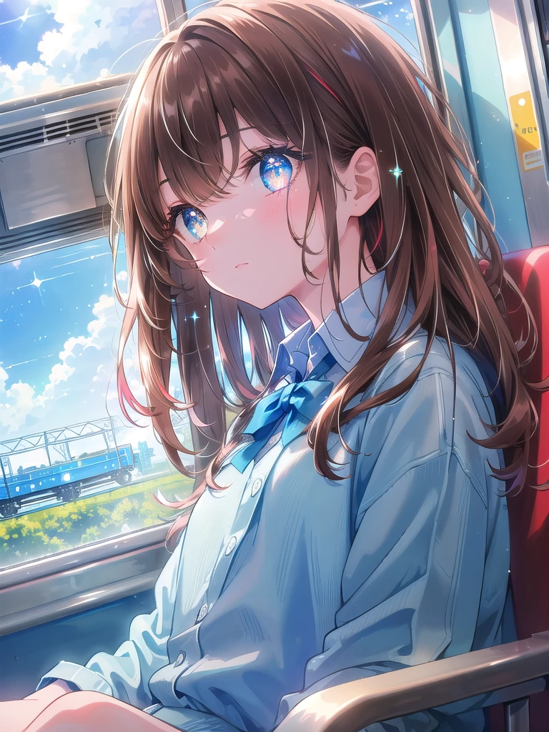 ((8k, highest quality, masterpiece: 1.3)), ultra-high resolution, (one girl, alone), (color-changing eyes, super detailed, expressive glow, sparkling, shining eyes), highly detailed eyes, highly detailed face, (eyes off-center: 1.4), medium-long hair, (long stray hair: 1.3), blunt bangs, ((hair color, dark brown)), simple hairpin, tightly closed mouth, sky blue shirt, white skin, front angle, upper body fits into illustration, (gesture of fixing bangs), (blue sky, sunny day: 1.1), sitting in a seat inside a train, ((front angle))