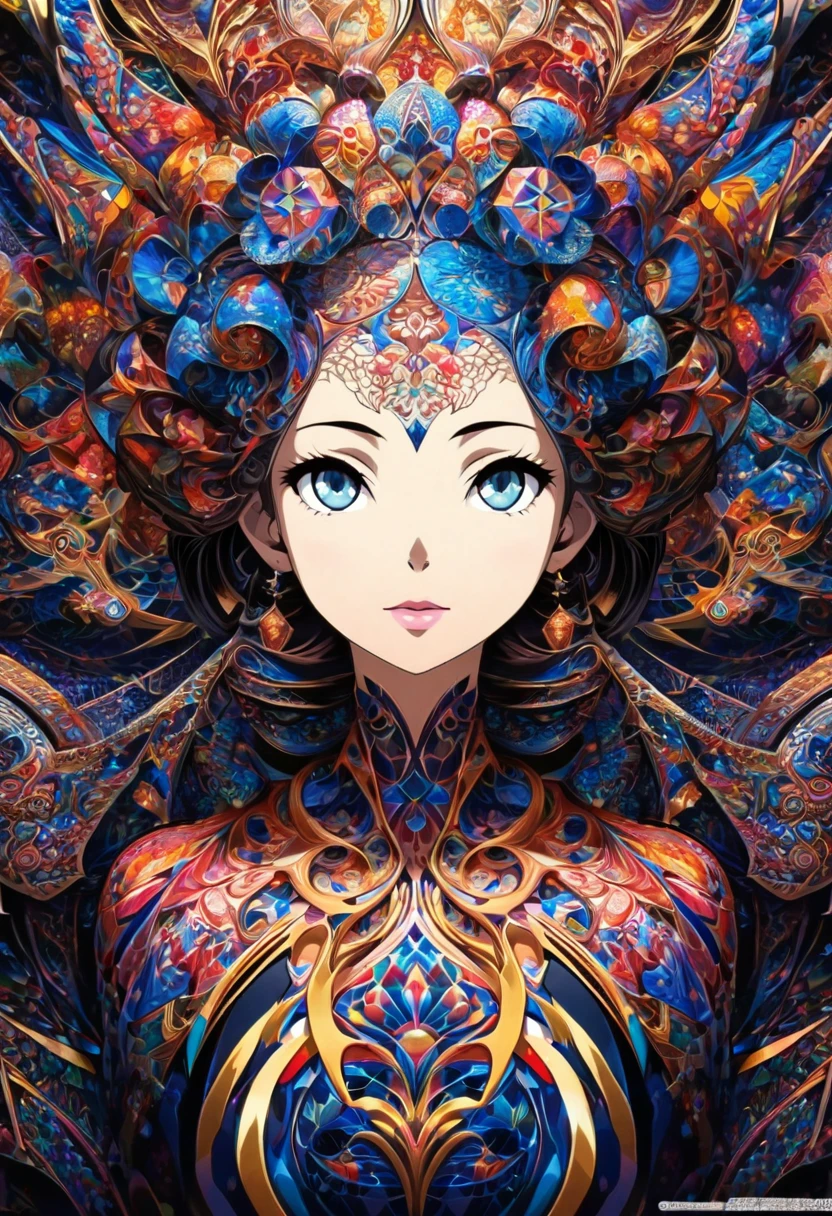 Ink painting, (((1 girl )), (((Tattoo in the middle of the forehead))), (((Oiran))), (((Great hair accessories))), Demon possession, , (((Masterpiece、Top quality للصورة、Highest quality、وحدة Very detailed 8ｋWall paper))), ((And covered with jewelry, an illustration of a single girl、All body covered))、(((beautiful girl))), (Masterpiece, Top quality, Best quality, Official art, Beautiful and aesthetic:1.2), A girl stood alone in front of an amazing work of art., Her eyes are wide with admiration., (Very detailed), Face up close, (Fractal art:1.3), All body covered بدقة, The intricate patterns and colors of the Fractal artwork surrounded her, Every line and curve is carefully designed..Colorful spirals and geometric shapes blend seamlessly., Resulting in the creation of a stunning piece that captured the essence of abstract beauty.. (Top detailed), Every little detail is meticulously drawn., She invited viewers to explore the depths of art and lose themselves in its complexities..