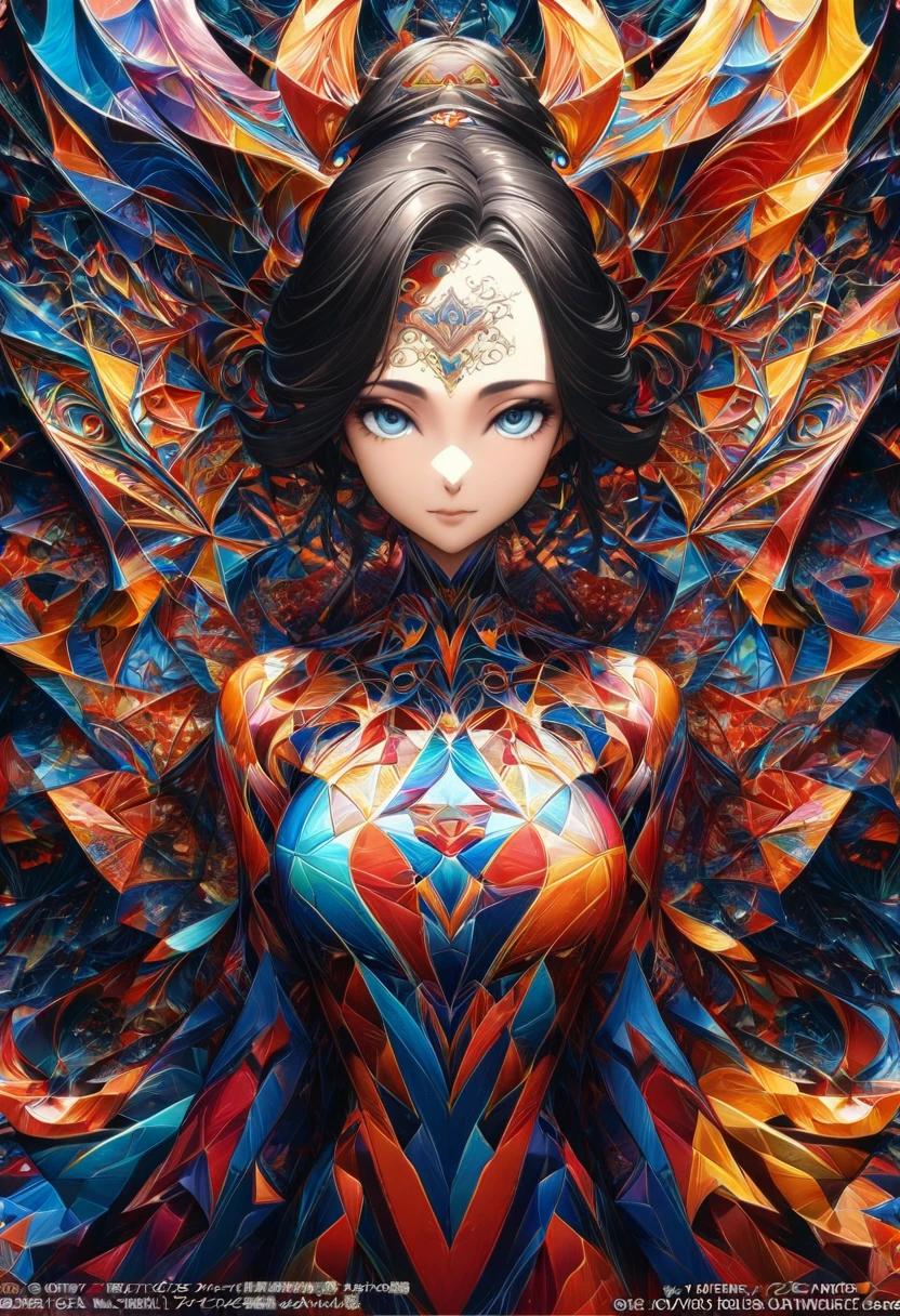 Ink painting, (((1 girl )), (((Tattoo in the middle of the forehead))), (((Oiran))), (((Great hair accessories))), Demon possession, , (((Masterpiece、Top quality للصورة、Highest quality、وحدة Very detailed 8ｋWall paper))), ((And covered with jewelry, an illustration of a single girl、All body covered))、(((beautiful girl))), (Masterpiece, Top quality, Best quality, Official art, Beautiful and aesthetic:1.2), A girl stood alone in front of an amazing work of art., Her eyes are wide with admiration., (Very detailed), Face up close, (Fractal art:1.3), All body covered بدقة, The intricate patterns and colors of the Fractal artwork surrounded her, Every line and curve is carefully designed..Colorful spirals and geometric shapes blend seamlessly., Resulting in the creation of a stunning piece that captured the essence of abstract beauty.. (Top detailed), Every little detail is meticulously drawn., She invited viewers to explore the depths of art and lose themselves in its complexities..