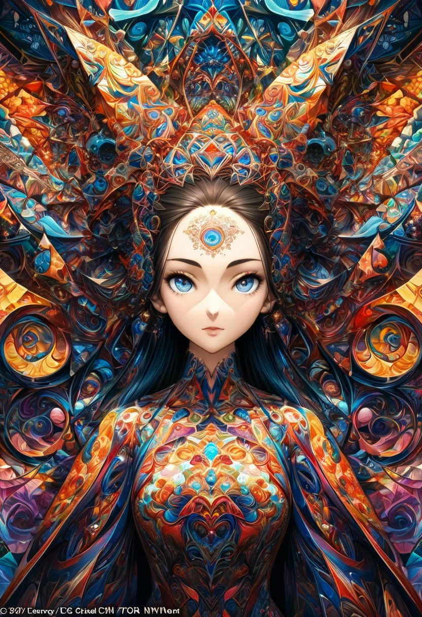 Ink painting, (((1 girl )), (((Tattoo in the middle of the forehead))), (((Oiran))), (((Great hair accessories))), Demon possession, , (((Masterpiece、Top quality للصورة、Highest quality、وحدة Very detailed 8kWall paper))), ((And covered with jewelry, an illustration of a single girl、All body covered))、(((beautiful girl))), (Masterpiece, Top quality, Best quality, Official art, Beautiful and aesthetic:1.2), A girl stood alone in front of an amazing work of art., Her eyes are wide with admiration., (Very detailed), Face up close, (Fractal art:1.3), All body covered بدقة, The intricate patterns and colors of the Fractal artwork surrounded her, Every line and curve is carefully designed..Colorful spirals and geometric shapes blend seamlessly., Resulting in the creation of a stunning piece that captured the essence of abstract beauty.. (Top detailed), Every little detail is meticulously drawn., She invited viewers to explore the depths of art and lose themselves in its complexities..