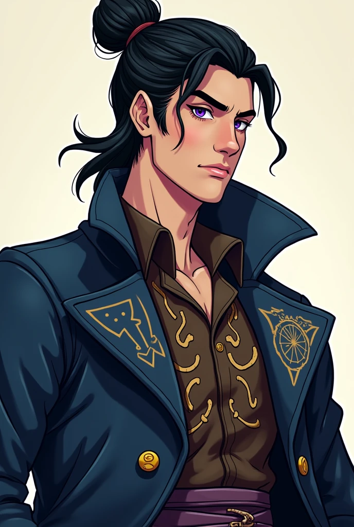 Create a male half-elf D&D wizard devoted to Mystra with black hair styled in a bun and dark purple eyes. He wears a dark blue trench coat over a brown shirt. His clothing should include wizardly details and symbols of Mystra. The character is depicted from the torso up. The art style should resemble modern Western animated shows like Vox Machina from Critical Role, with bold lines, flat vibrant colors, minimal shading, and expressive character design, focusing entirely on the distinct Western comic-like style.