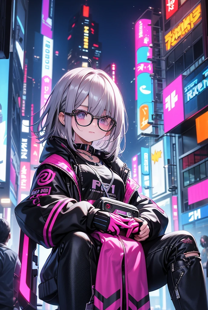 8k,A fusion of neon colors and a cyberpunk world view。Futuristic Cyberpunk City Background。Bright pink and blue neon。Cyber Accessories(for example、Digital headsets and gloves)Attaching。In the background、With futuristic buildings、A scene with vintage cyberpunk elements。Nostalgic yet futuristic atmosphere。Silver Hair。short hair。Cute is sitting and watching。High resolution, Fisheye Shot, Grey Hair,