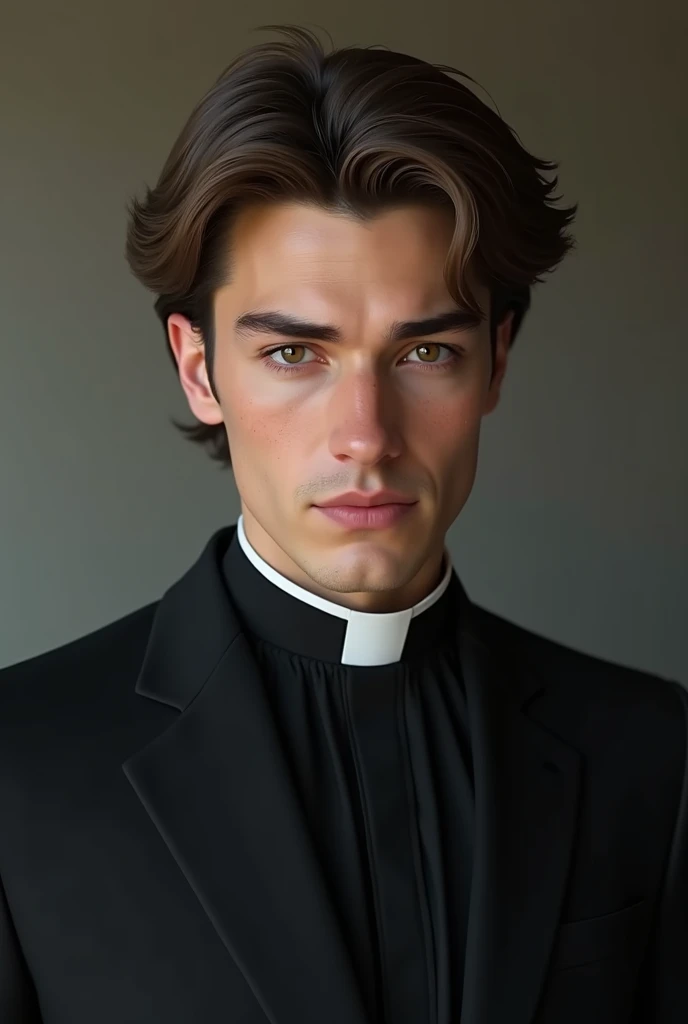 a young man of about twenty-five years old, Brown hair, Brown eyes, Tez blanca, with a black suit and a realistic priest's collar