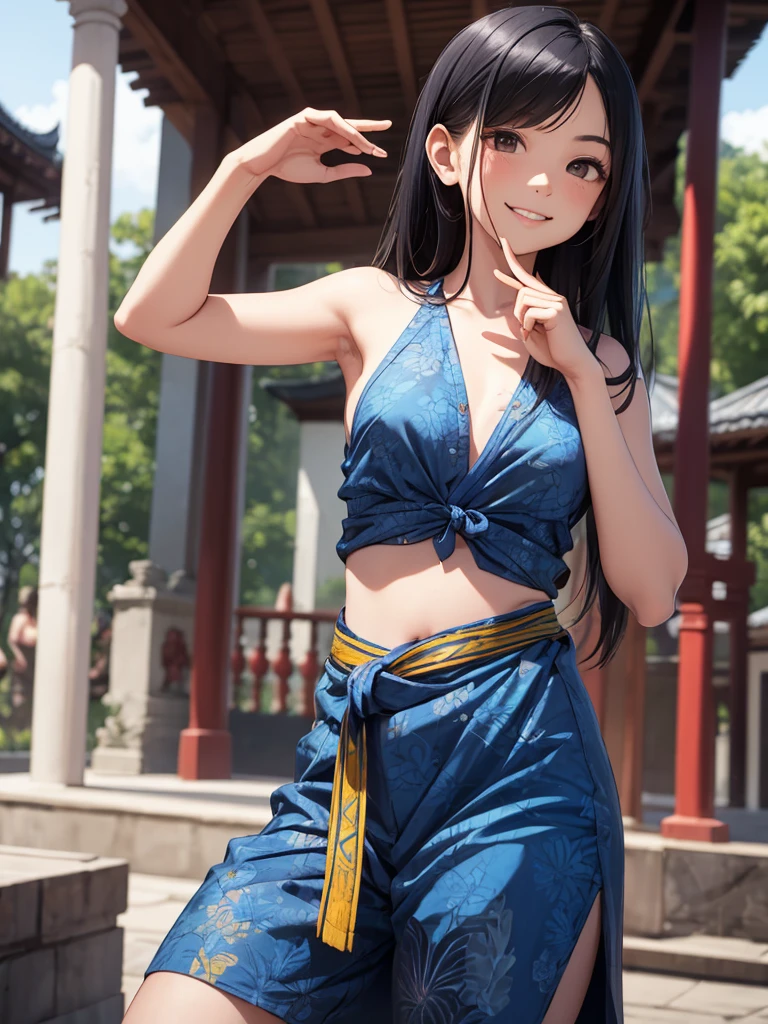 Indonesian teenage girl. White skin. Rookie martial artist. Indonesian silat. Blue batik silat outfit. Flat chest. No bra. Black hair. At the temple. Beautiful teenage face. Cute smile.
