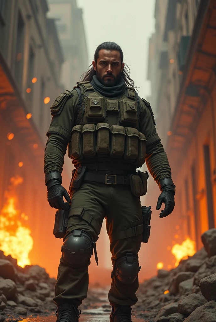 A man with long hair in a ponytail wears a tactical uniform complete with a vest.,his face facing forward ..with a background of an atmosphere full of fire explosions in an old building