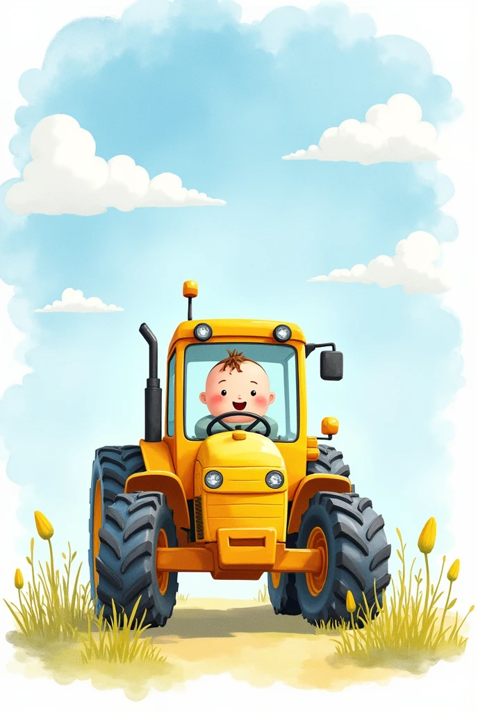 side drawing yellow watercolor tractor, with blue watercolor background and clouds as painting facing the baby side