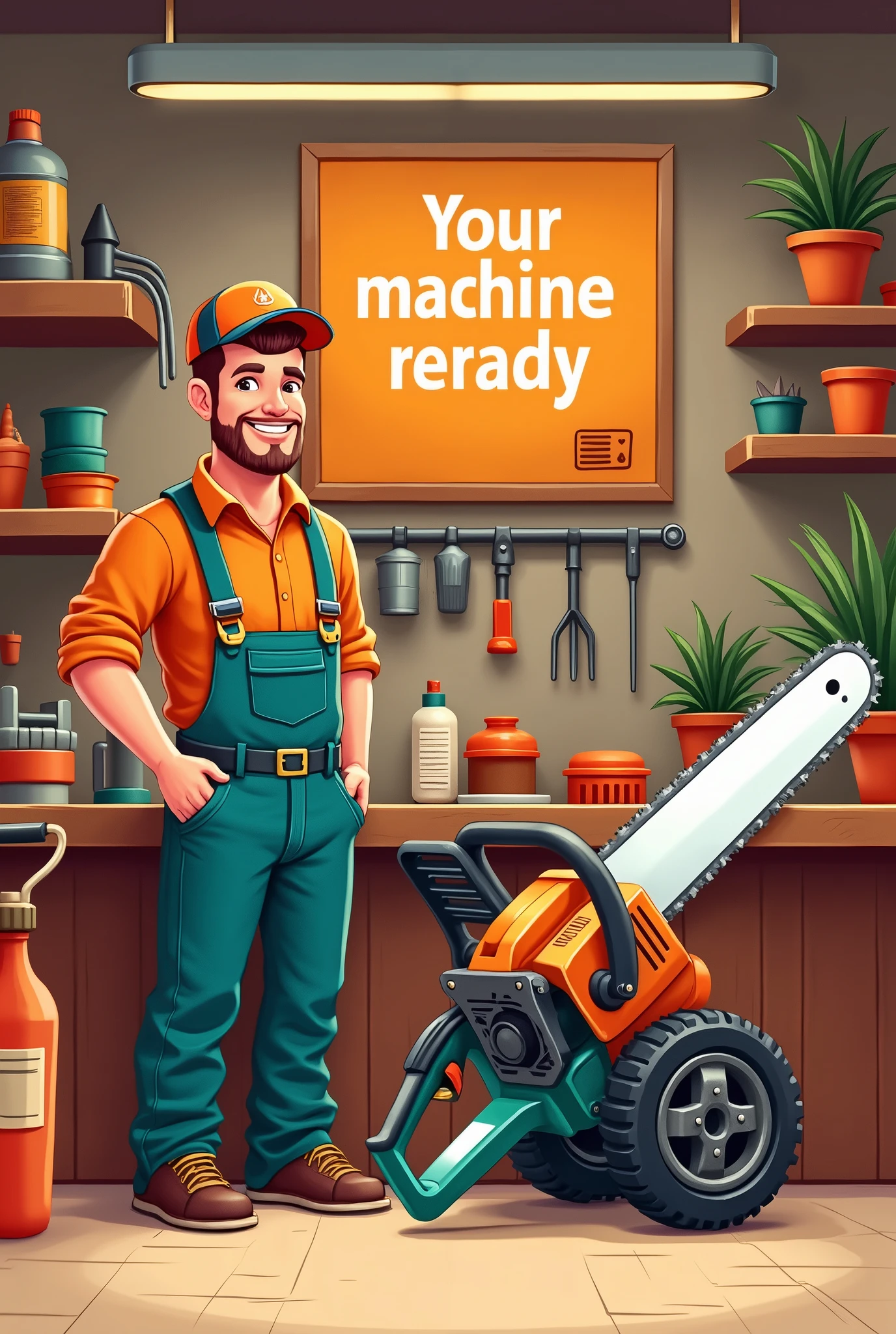 make a prompt for an AI to create images, The prompt must be related to the idea:
A gardening machinery maintenance shop, chainsawman, Mowing, The image must be illustrative and indicate that maintenance is already complete., the customer can come and pick it up.
I need a man, character that symbolizes that the service and the product are OK, besides it being written that the machine IS ready.
The color I want inside the image is orange, It needs to contain the color orange as it is the base color of the store.
The phrase ''your machine is ready'' must be written