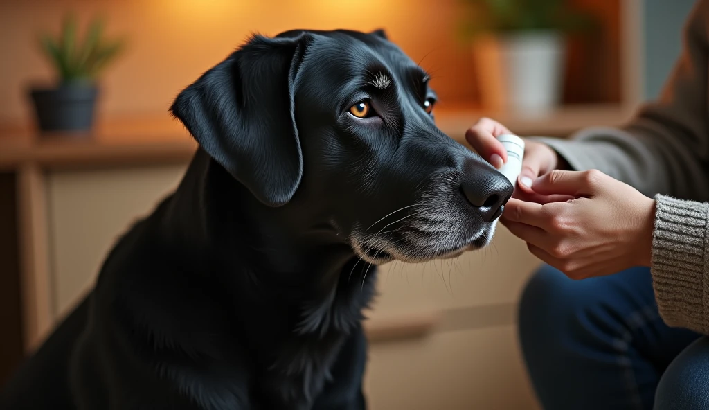 A highly detailed image of an elderly Black Labrador Retriever, its coat now a mix of white and silver, with noticeably cloudy eyes. The dog sits calmly as its owner administers medication, the bond of trust and care evident in the scene. The setting is a cozy kitchen, with warm lighting that highlights the dog’s silvered fur, capturing the routine and dedication of caring for an aging pet, hotorealistic, 8K, (best quality, 4K, 8K, high resolution.