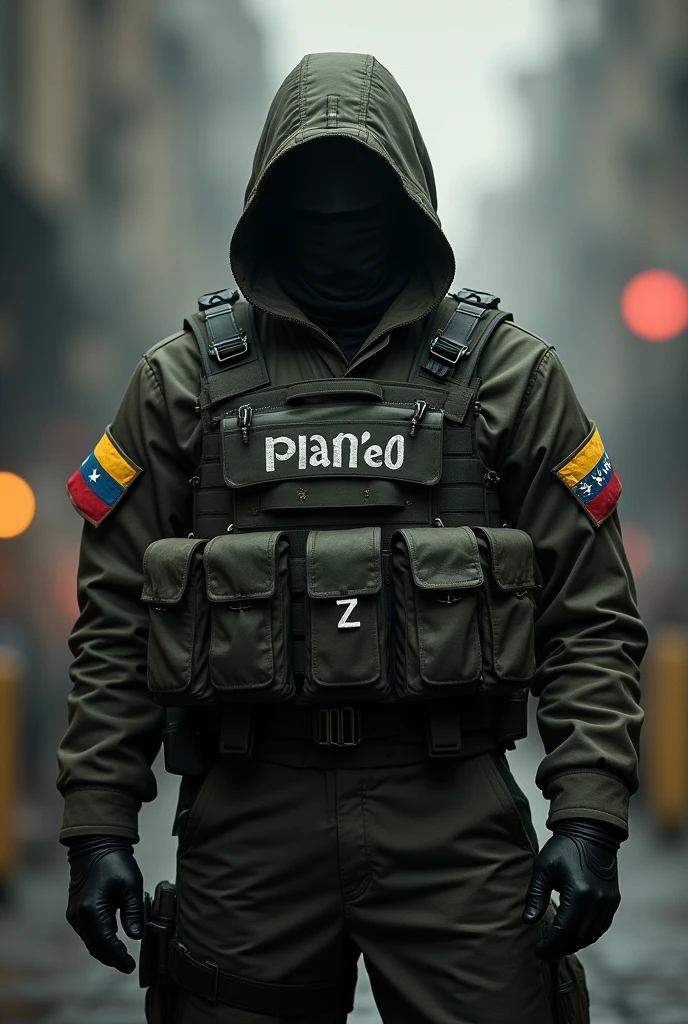Believe me, a commando-type commander with his face covered, Venezuelan and with the phrase Plan Z, improve it by placing the name Commander Pablo on the side of the uniform on the chest. Leave this image the same, just change the name on the chest to Pablo and add Venezuelan flags on the arms., But don't change the image, leave it the same, just improve it with the orders I gave you.