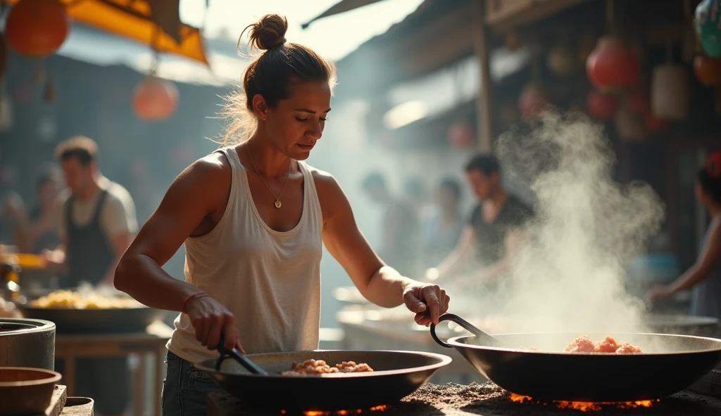 "A middle-aged woman is working intensely at an outdoor market stall, cooking with large pans. She is wearing a white tank top that is drenched in sweat, highlighting her toned and muscular physique. Her hair is tied back in a messy bun, and her expression shows intense concentration and effort. The scene is set in a bustling, open-air market with steam rising from the hot pans, creating a dynamic and energetic atmosphere. The lighting is natural, with beams of sunlight filtering through the gaps in the market roof, casting a dramatic effect on the scene. In the background, other market-goers and vendors are slightly out of focus, emphasizing the woman as the central figure in this lively, hardworking environment."