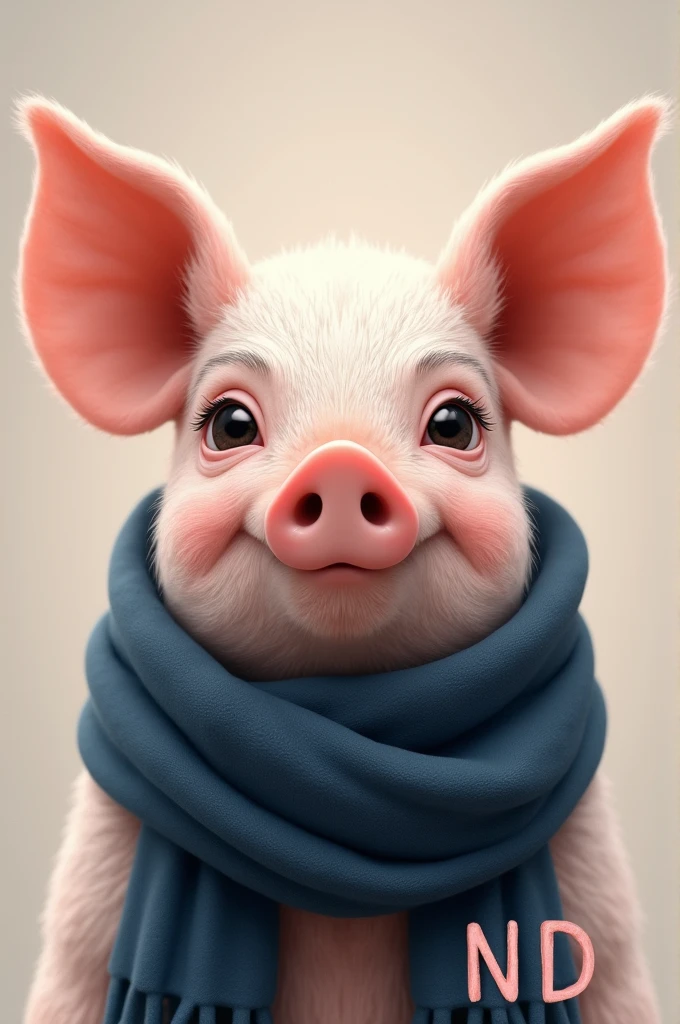The face of a tender pig, with a dark blue scarf and having the initials N and D