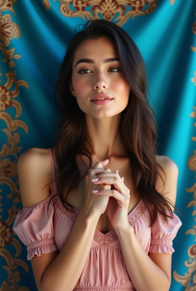 a Brazilian woman in the south of the country, long dark brown hair, eyes locked, Smile with lips closed, light pink makeup, thin eyebrow, pink dress in front of a blue cloth with arabesques hands together on the chest head tilted down body to the side