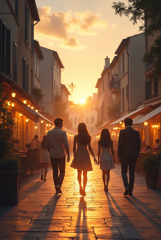 Group of people walking through a square in Provence. In the background you can see a café, restaurant, etc. Sunset behind. Style by David Hamilton.