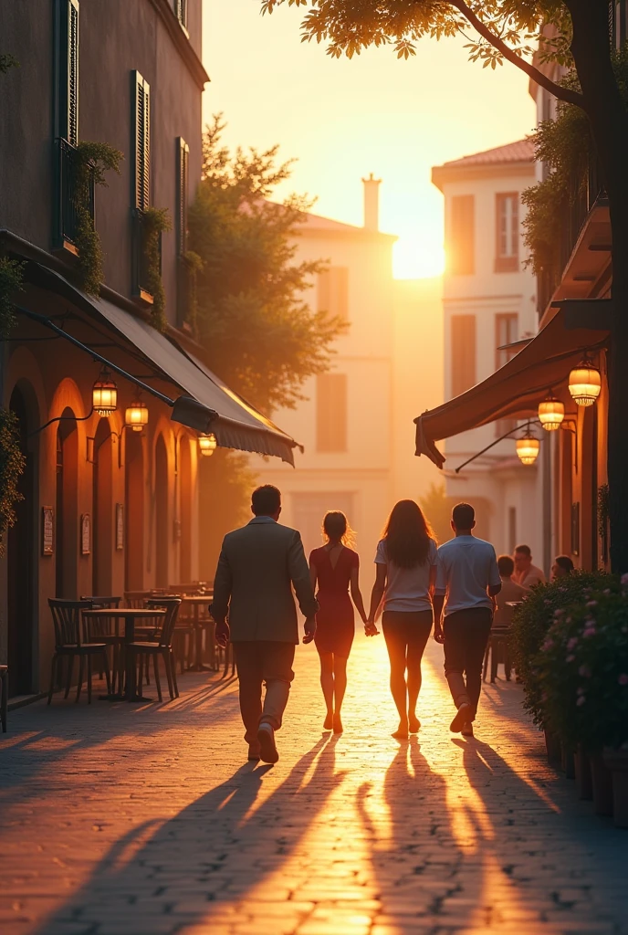 Group of people walking through a square in Provence. In the background you can see a café, restaurant, etc. Sunset behind. Style by David Hamilton.