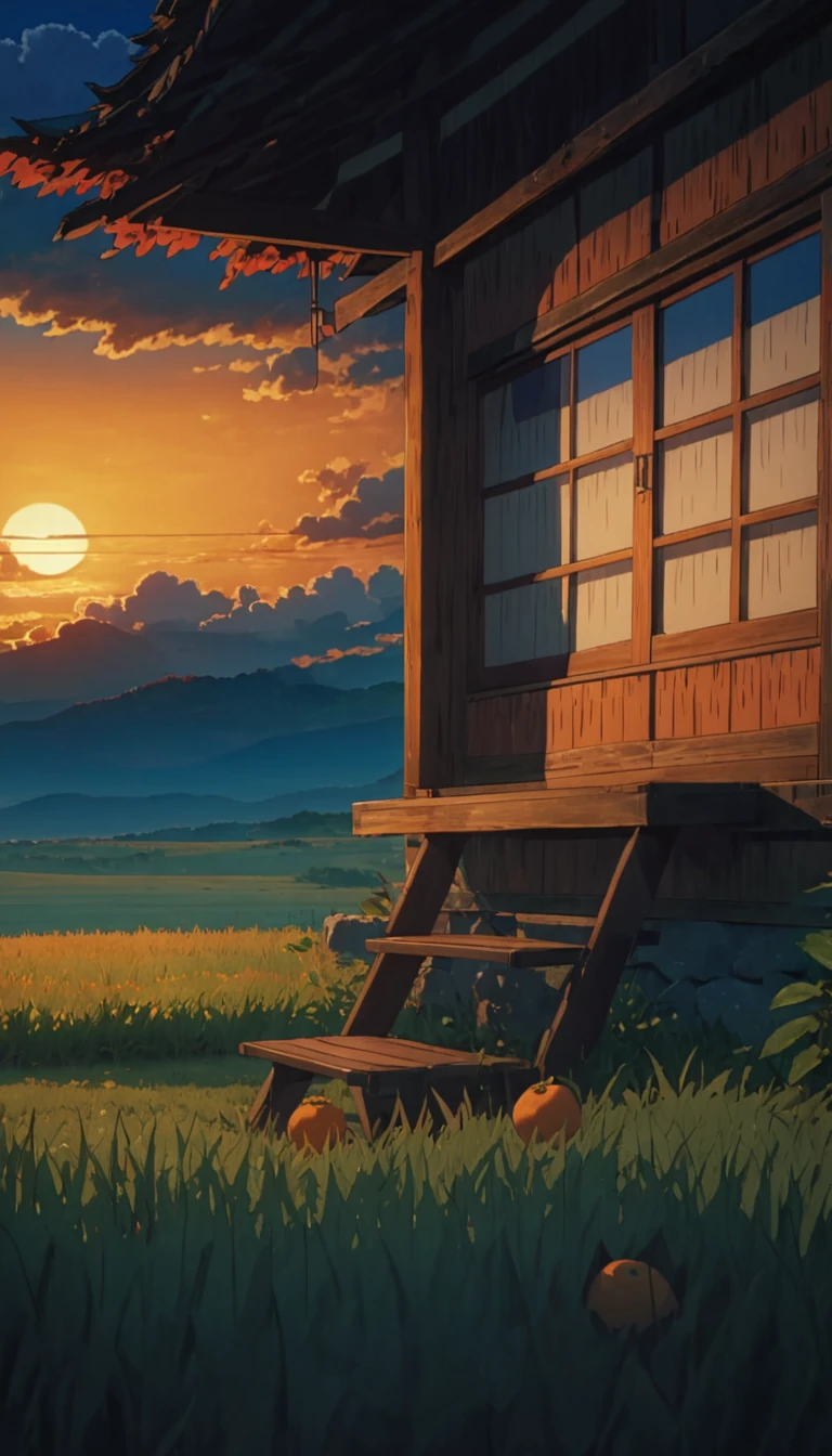 Masterpiece 8k Studio ghibli cozy cabinMasterpiece 8k Studio ghibli cozy cabin bathroom a tree with orange fruits. A serene landscape of a grass field under a serene sky with blue clouds. shadow, serene night natural light lighting!!!!!  8khdr!!!!